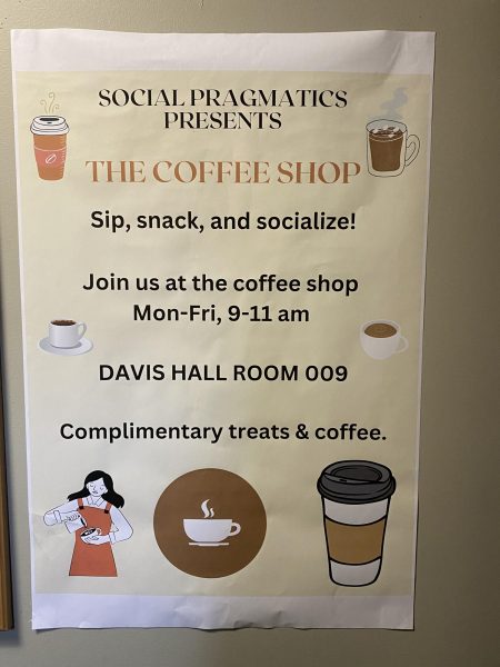 A poster for a coffee shop is hanging on a wall displaying images for a Landmark Social Programe