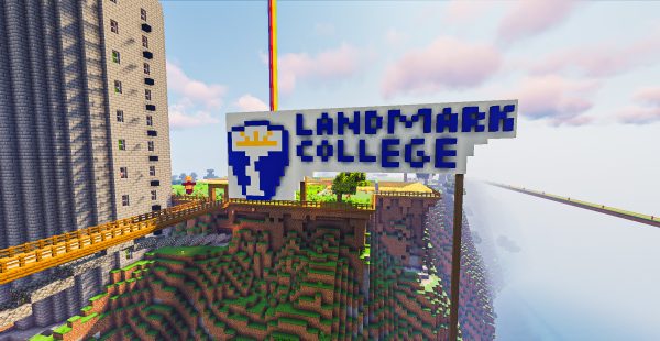 Landmark College logo with the letters spelled out next to it near a bridge and tower with beacon beams behind it