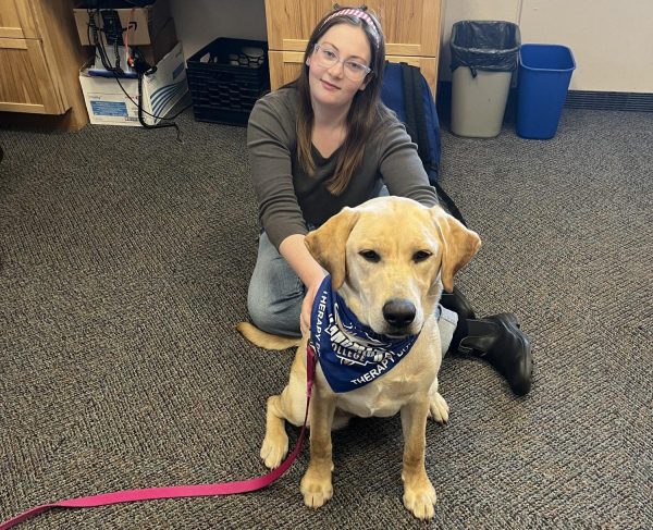 Jules looking absolutely fantastic in a photo with dog Zoe on a carpet floor in the Landmark Library