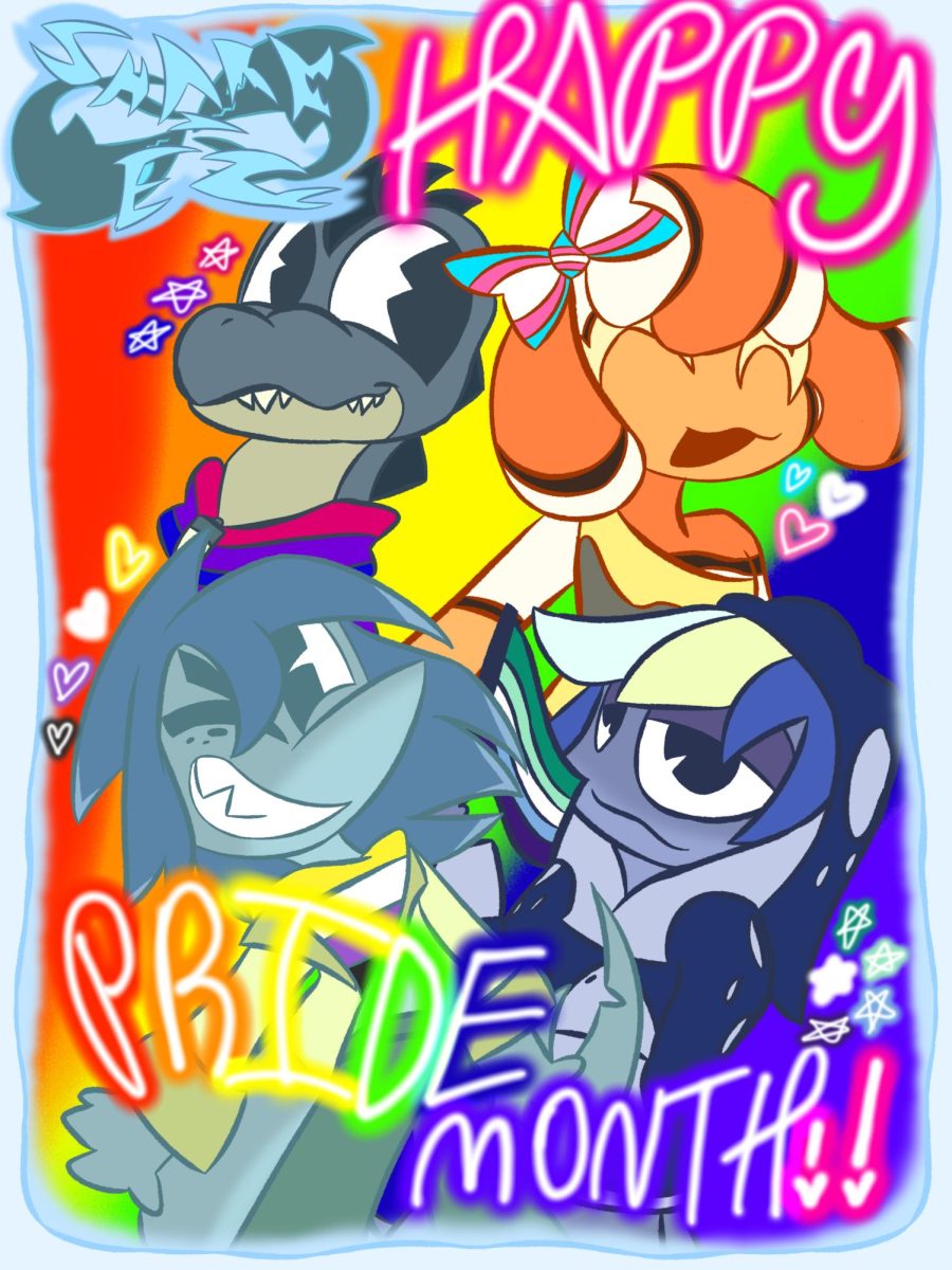 Shark EZ comic characters with rainbow colors and text saying "Happy Pride Month!!"